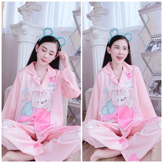Pijama đồ mặc nhà Lụa Hàn Cao Cấp - Thiết kế độc quyền hình gấu hồng dễ thương