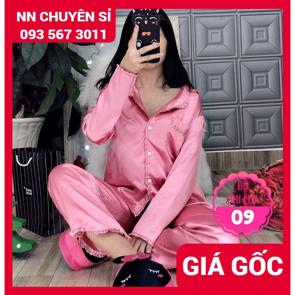 Đồ bộ nữ mặc nhà phom to cổ phối bèo chất phi lụa mềm mịn mát dễ thương DBPL9