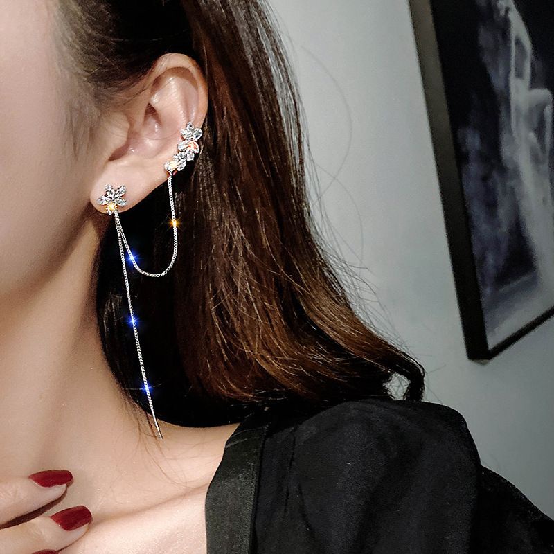 Bông tai bạc S925 - Khuyên tai bạc Ý kẹp vành tua dua hoa đá Bling Bling sang trọng, cá tính Vườn Trang Sức  VTSKT0128