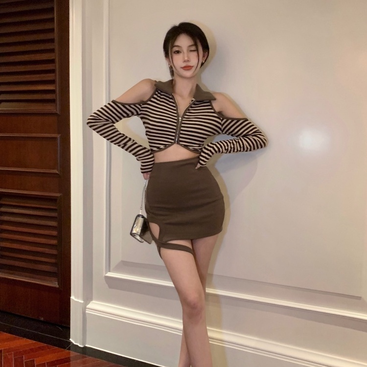 Áo kiểu croptop ZHELIHANGFEI dệt kim tay dài cổ polo phối khóa kéo thiết kế hở vai quyến rũ thời trang