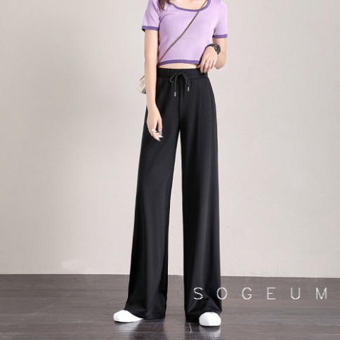 Quần ống suông cạp cao culottes 2 màu đen ghi Nam Nữ Ullzang chất liệu da cá