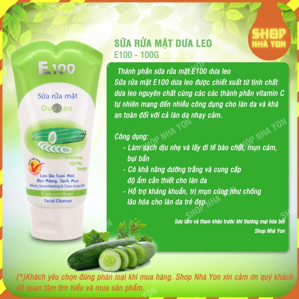 Sửa rữa mặt dưỡng da dưa leo nha đam E100 100g