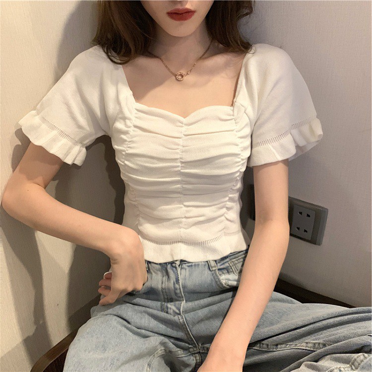 Áo Cổ Vuông ngắn tay peplum ulzzang chất len tăm phong cách Hàn Quốc C45 - Maomao