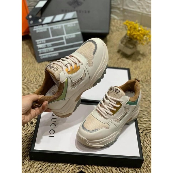 Giày thể thao độn đế nữ sneaker trắng pha nâu fullbox