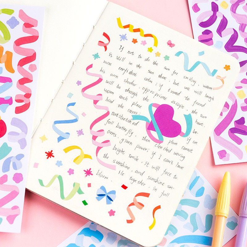 Sticker Toploader Decor Ruy Băng Confetti Bộ 3 Tấm Hình Dán Trang Trí Polaroid Kpop Hàn Quốc RAINBOW