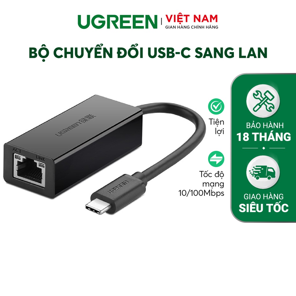 Bộ chuyển đổi USB Type C san LAN 10/100 Mbps Ethernet - dài 40CM - UGREEN 30287 (màu đen)