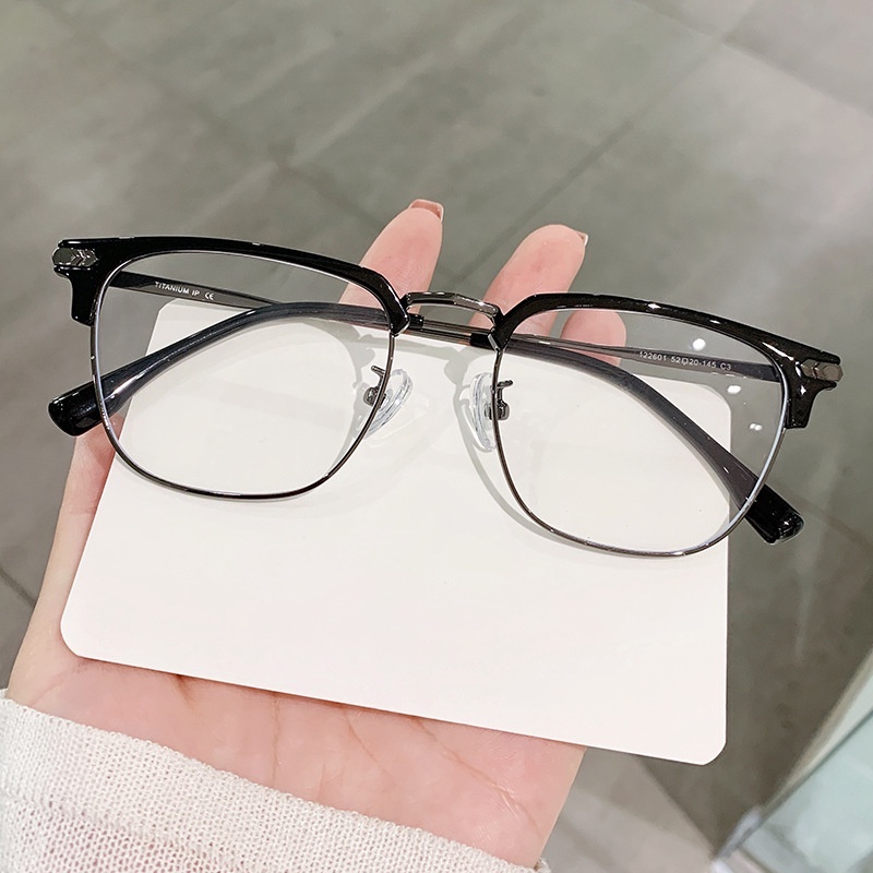 Mắt Kính Nửa Gọng Vuông Bằng Kim Loại Chống Ánh Sáng Xanh Thời Trang Hàn Quốc Cổ Điển