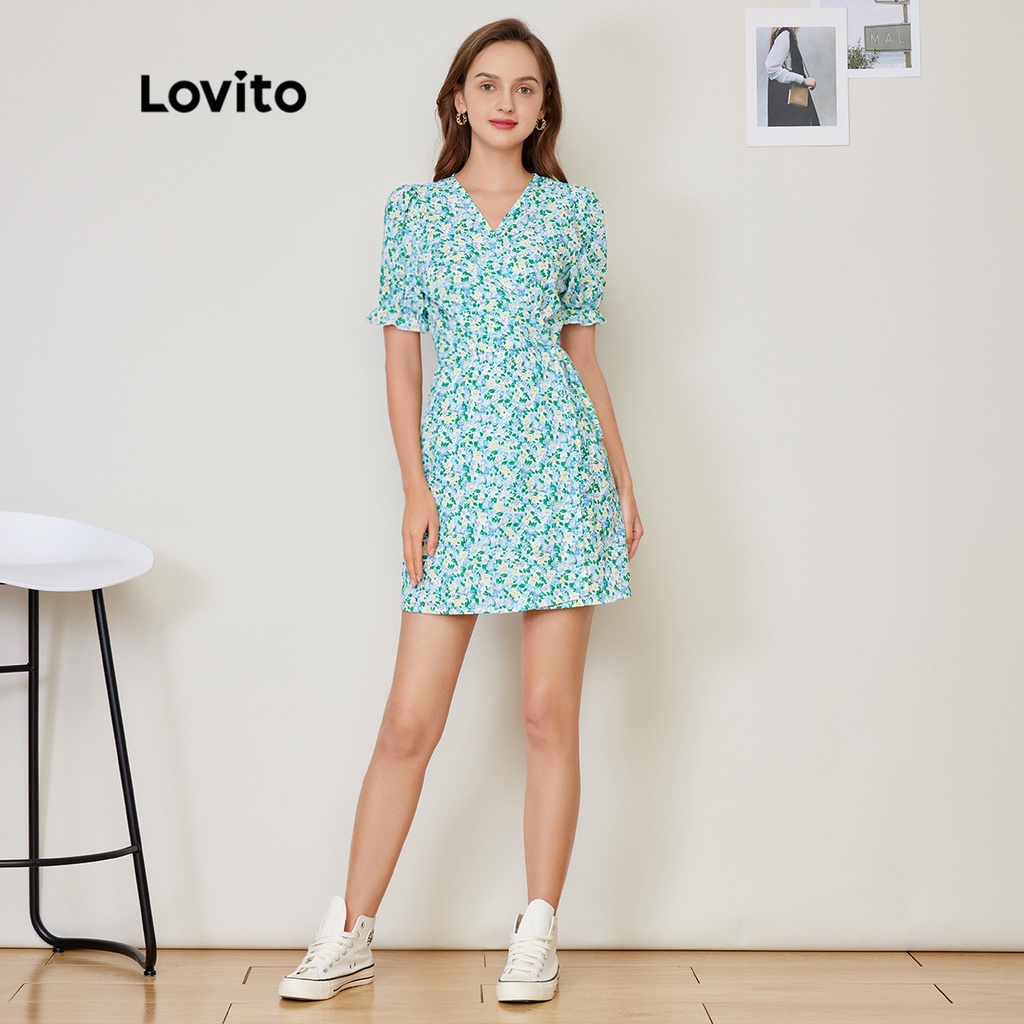Đầm Lovito tôn dáng tay phồng in hoa phong cách thường ngày L27AD065 (màu xanh lam)