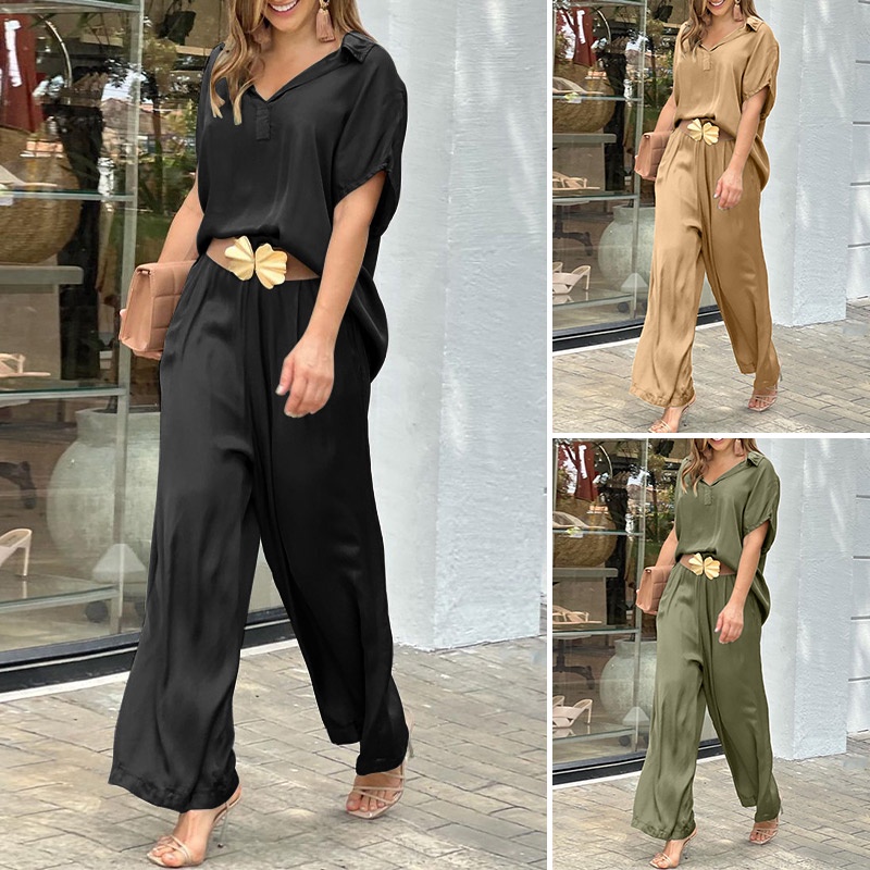 Set trang phục 2 mảnh Zanzea gồm áo tay ngắn kèm quần dài lưng thun thời trang năng động cho nữ