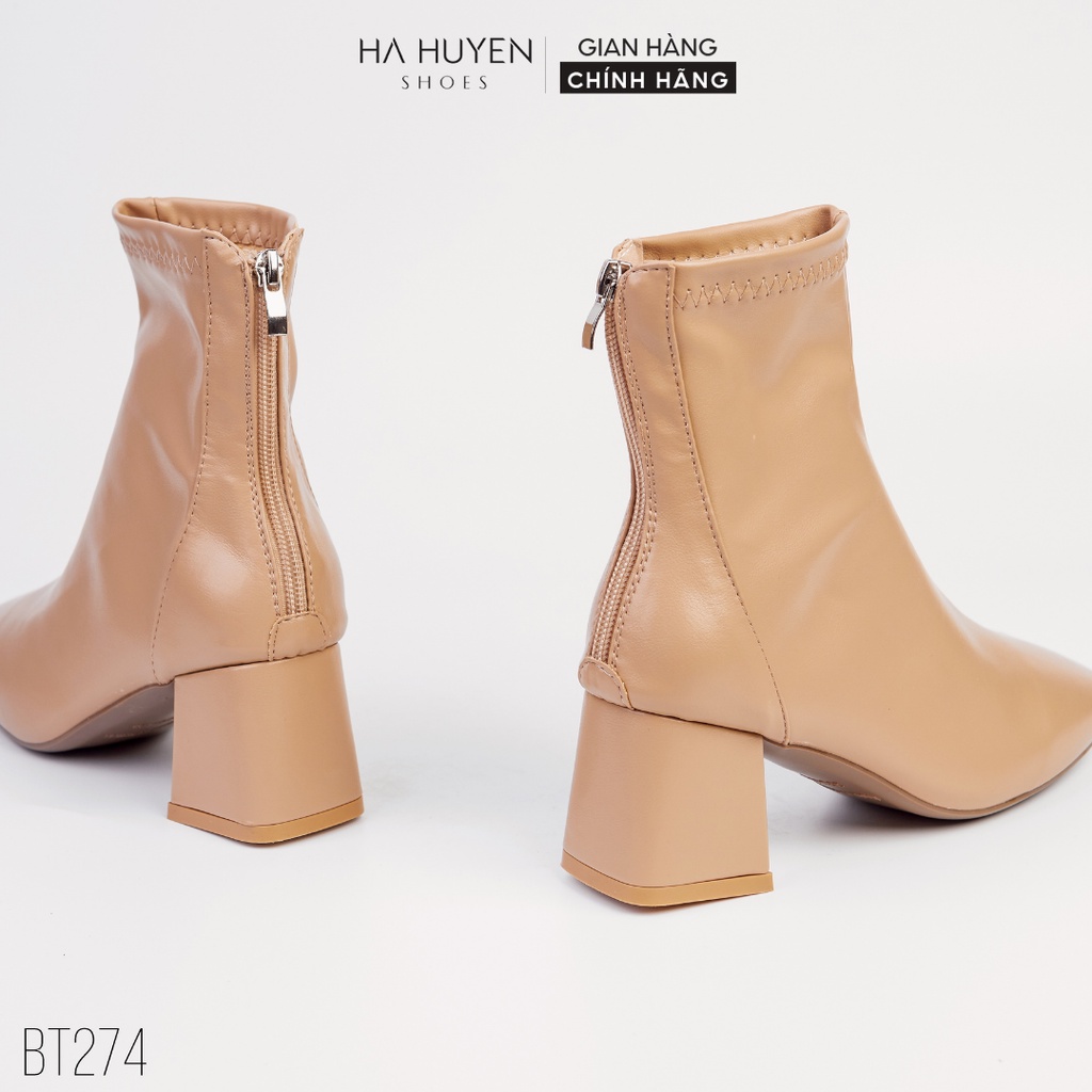 Giày bốt nữ Hà Huyền Shoes boot da lì mũi vuông chỉ lệch khóa sau gót vuông 5 phân - BT274 | BigBuy360 - bigbuy360.vn