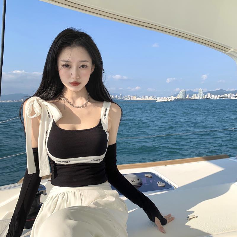 Áo Hai Dây Dáng Ôm Phối Ren In Chữ Thời Trang Mùa Hè Quyến Rũ Cho Nữ