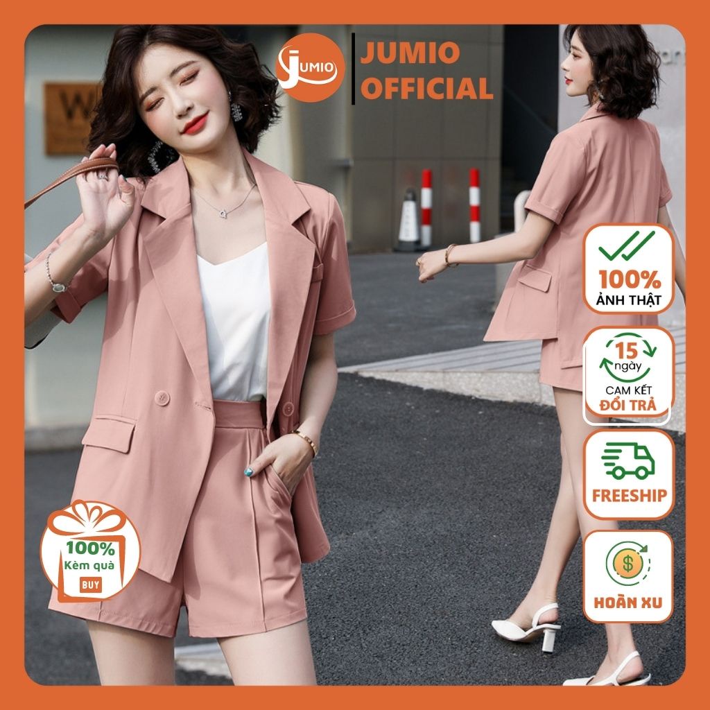 Set vest nữ áo blazer tay ngắn 1 lớp túi nắp phong cách hàn quốc kèm quần short cạp chun thanh lịch JUMIO