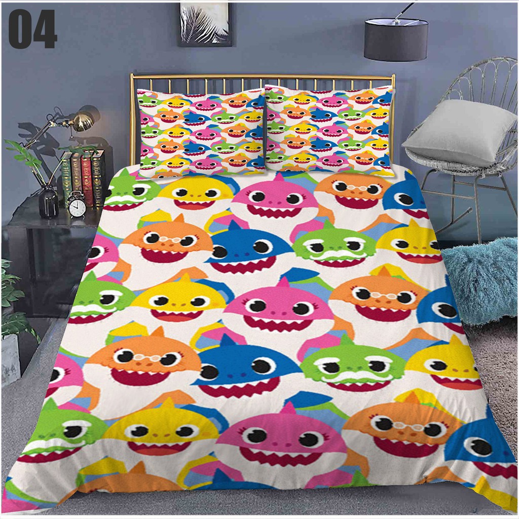 Yt1 phim hoạt hình baby shark 3in1 bộ đồ giường bộ trải giường chăn ga gối vỏ gối phòng ngủ bộ đồ mặc nhà có thể giặt thoải mái ty1