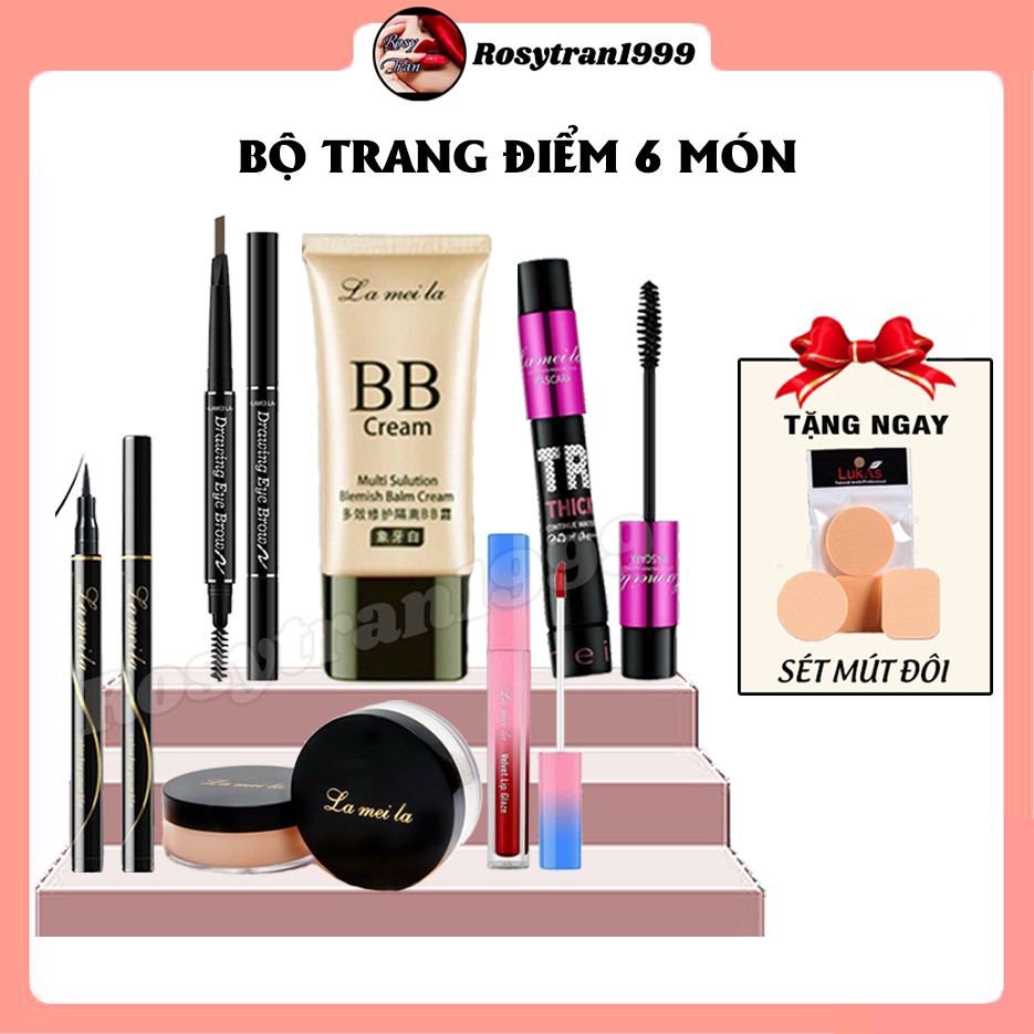 Bộ trang điểm Lameila 6 món Kem BB che khuyết điểm + Phấn phủ bột + Chì kẻ mày + Bút kẻ mắt dạ + Mascara + Son kem lì