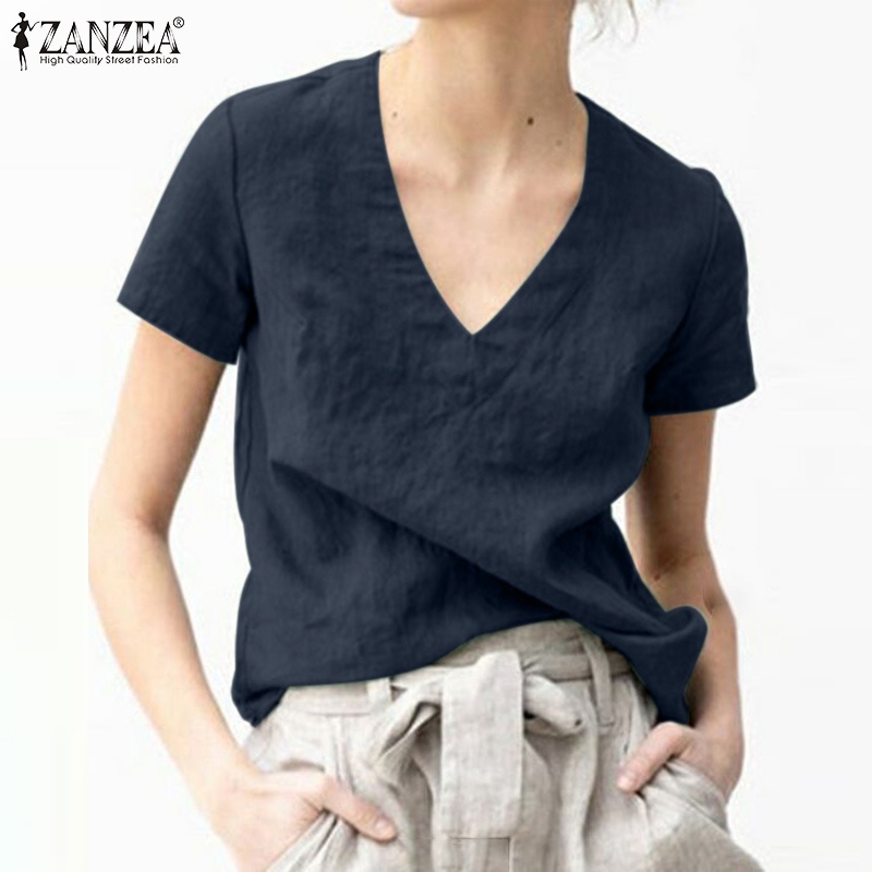 Áo kiểu ZANZEA tay ngắn cổ chữ V dáng rộng màu trơn dành cho nữ