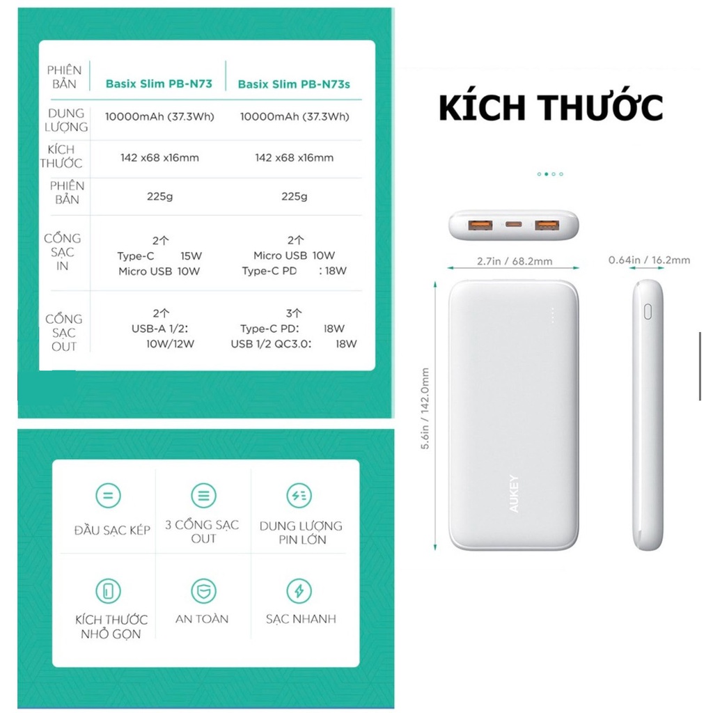 Pin Sạc Dự Phòng Aukey PB-N73 / N73S 10000mAh PD 18W 1C+1A,2 Cổng USB-C Sạc Nhanh PD 18W + USB-A QC 3.0 18W