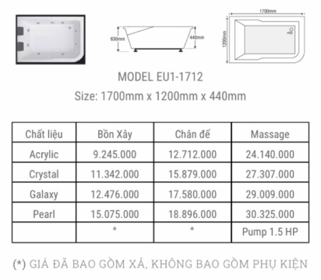 BỒN TẮM EUROCA ĐÔI - MODEL EU1 - 1712 - BẢO HÀNH 3 NĂM