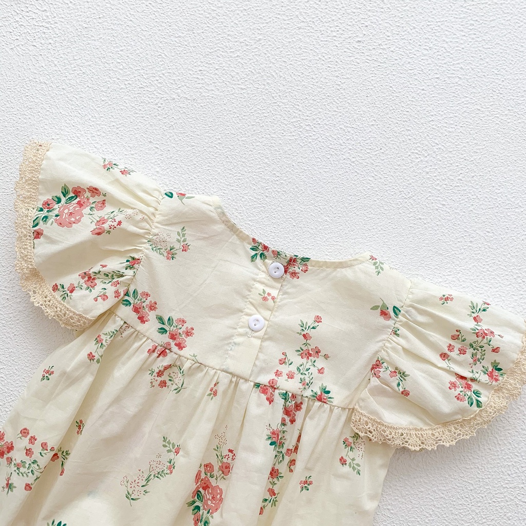 Bộ Áo Liền Quần Tay Cánh Tiên In Hoa + Băng Đô Cài Tóc Cho Bé Gái