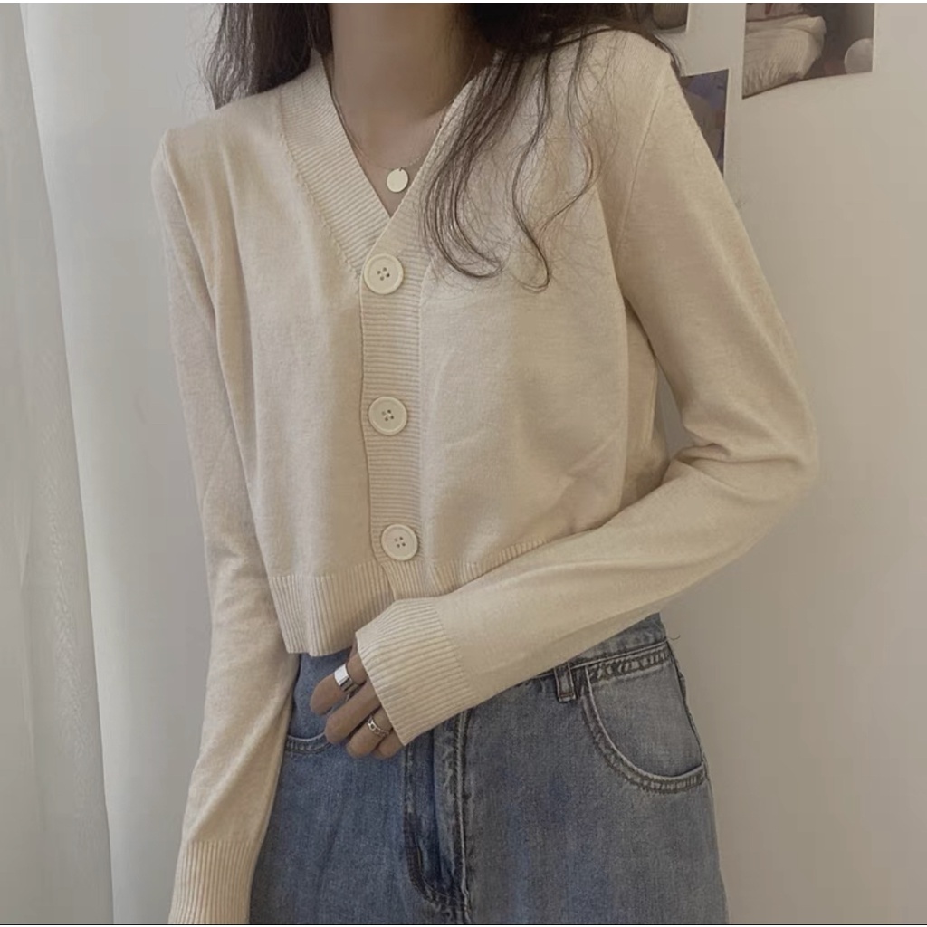 Áo khoác cardigan len mỏng nữ mềm mịn tay dài cổ V dáng ngắn phong cách Hàn Quốc New Arival