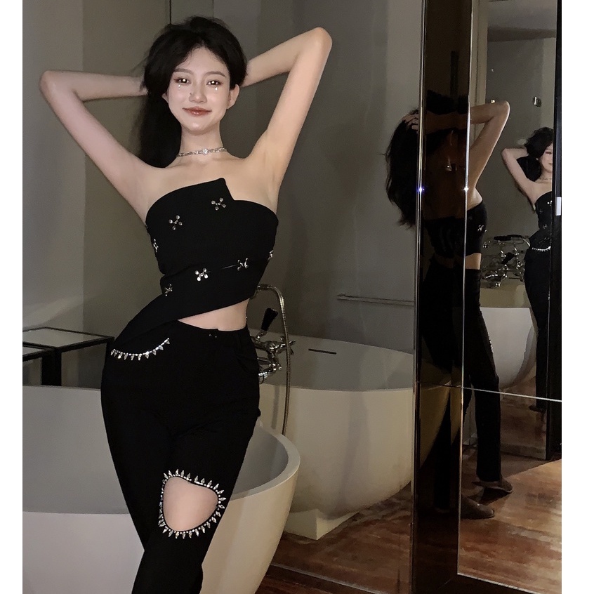 Áo Ống Một Bên Vai Thiết Kế Không Đối Xứng Quyến Rũ Phong Cách Trung Hoa Kèm Hạt Cườm Eo Cao Giản Dị