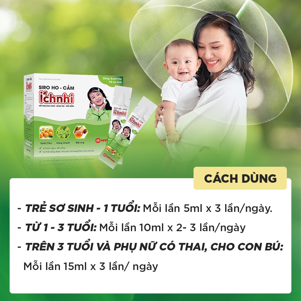 Siro ho cảm Ích Nhi hộp 30 gói x 5ml hỗ trợ giải cảm, giảm ho, sổ mũi, tiêu đờm, dùng cho trẻ nhỏ, bà bầu