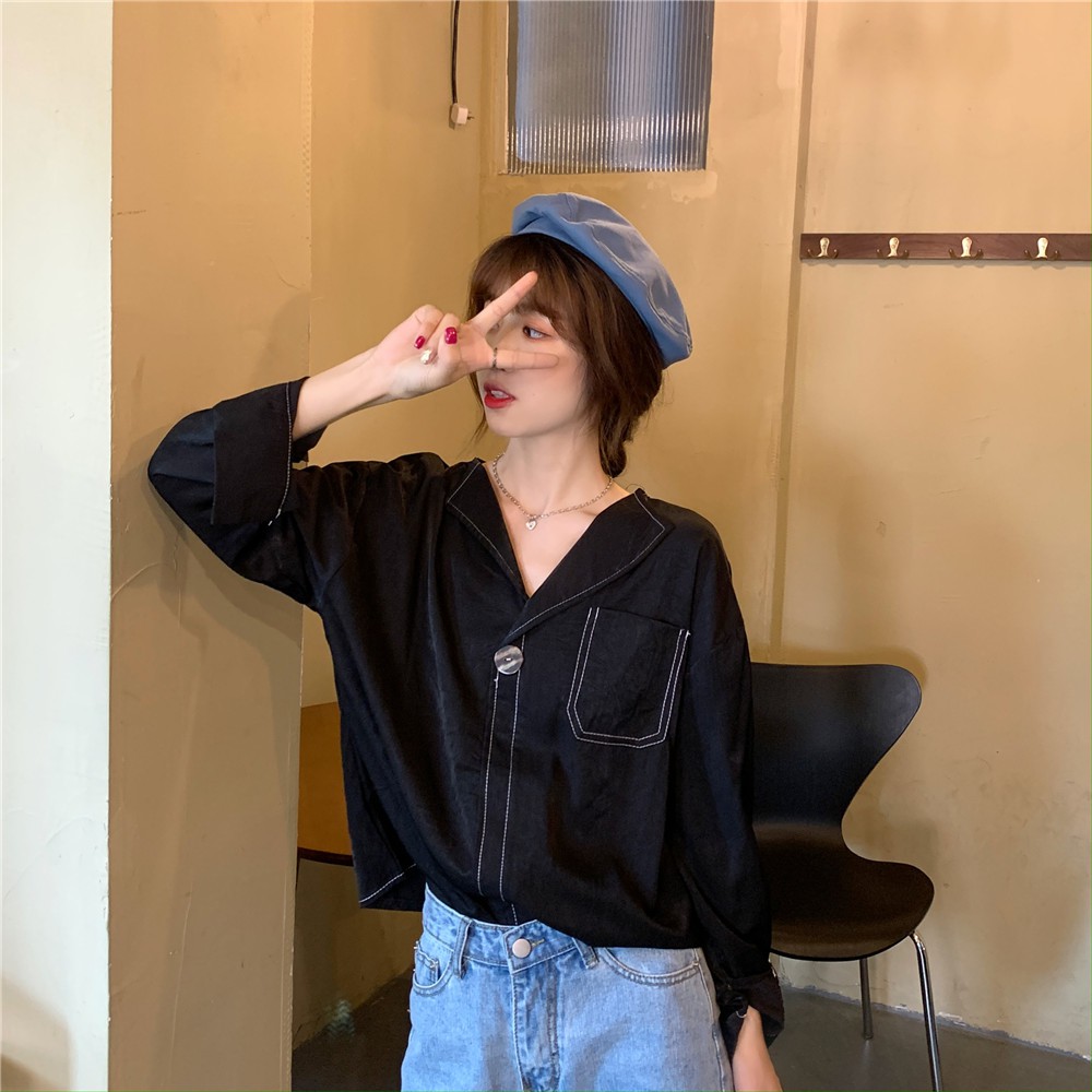 Áo sơ mi tay dài dáng rộng cổ chữ V thời trang phong cách Hàn Quốc cho nữ