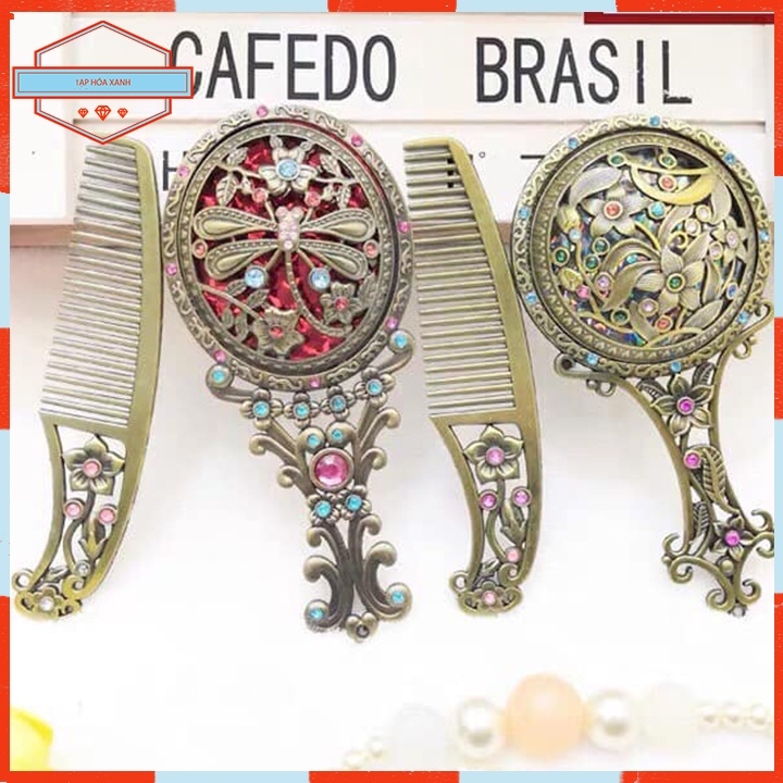 Combo Gương Lược Trang Điểm Họa Tiết Cổ Điển Cầm Tay Mini Dễ Thương Hot Tạp Hóa Xanh