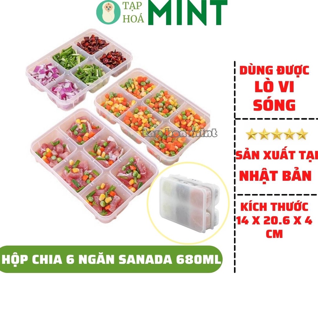 Hộp đựng thực phẩm, hộp trữ đông chia 6 ngăn 680ml Sanada Nhật Bản - Mint ăn dặm