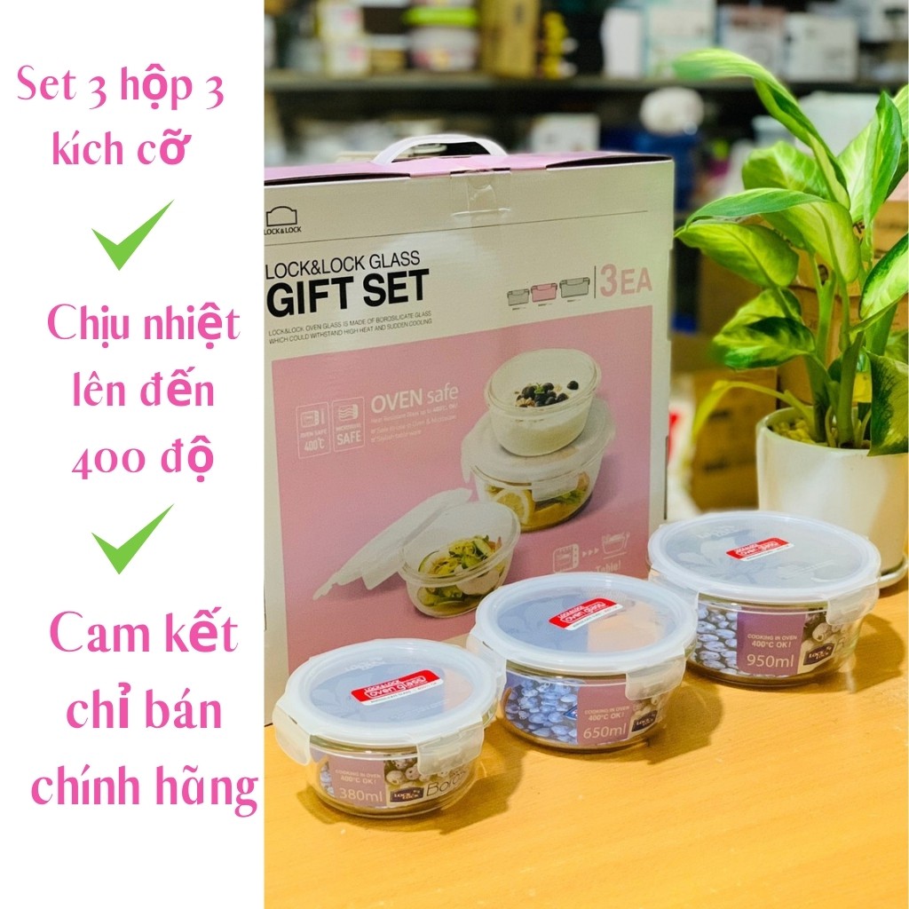 Bộ 3 hộp thủy tinh chịu nhiệt hình tròn Lock&Lock mã MD1 chịu nhiệt tới 400 độ, cam kết hàng chính hãng