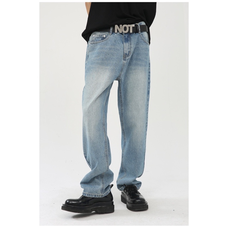 Quần jeans xuông ống rộng màu xanh washed streetwear