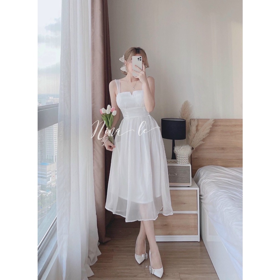 Váy đầm nữ dáng xòe hai dây cổ xẻ