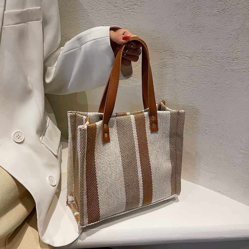 Túi Tote Canvas Họa Tiết Kẻ Sọc Đơn Giản Sức Chứa Lớn A4 14-Inch Có 3 Màu Thời Trang Tùy Chọn Cho Nữ