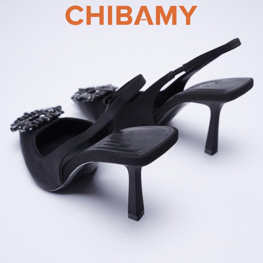 Giày cao gót nữ bít mũi ZR đính đá đen, giày gót nhọn CHIBAMY cao 8cm chất vải mềm