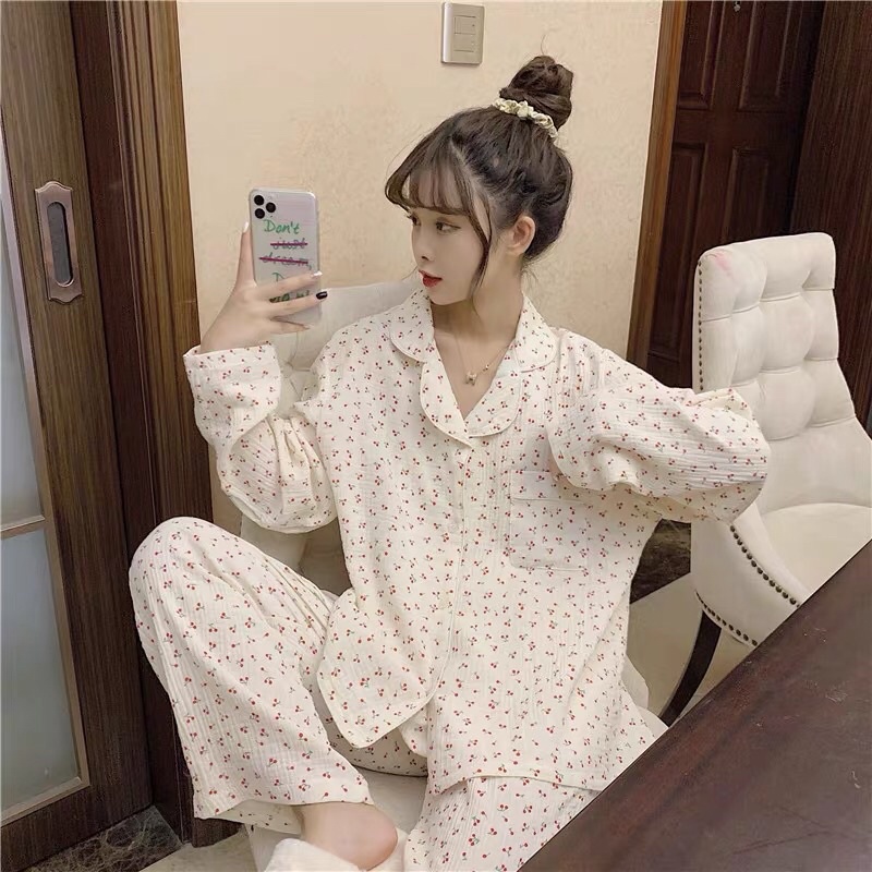 RẺ NHẤT SHOPEE SET BỘ PIJAMA DÀI TAY XÔ MUSLIN HOA NHÍ 3 MÀU