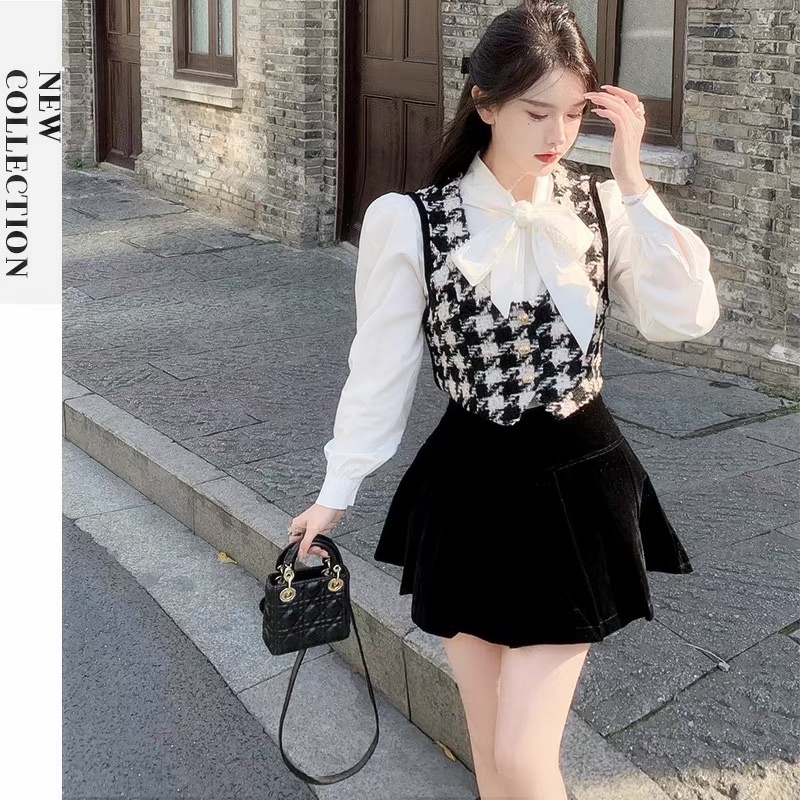 Set Bộ 3 Món Áo Sơmi Nơ Phối Gile +Chân Váy Nhung Có Ảnh Thật