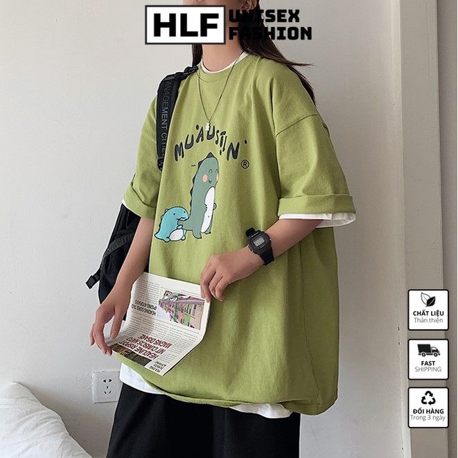 Áo thun tay lỡ form size rộng khủng long Muausiin, áo phông phom size rộng HLFashion