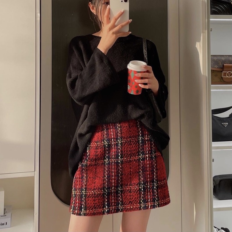 Chân váy dạ tweed dáng A kẻ đỏ [Dạ đẹp Hàng đẹp] | BigBuy360 - bigbuy360.vn