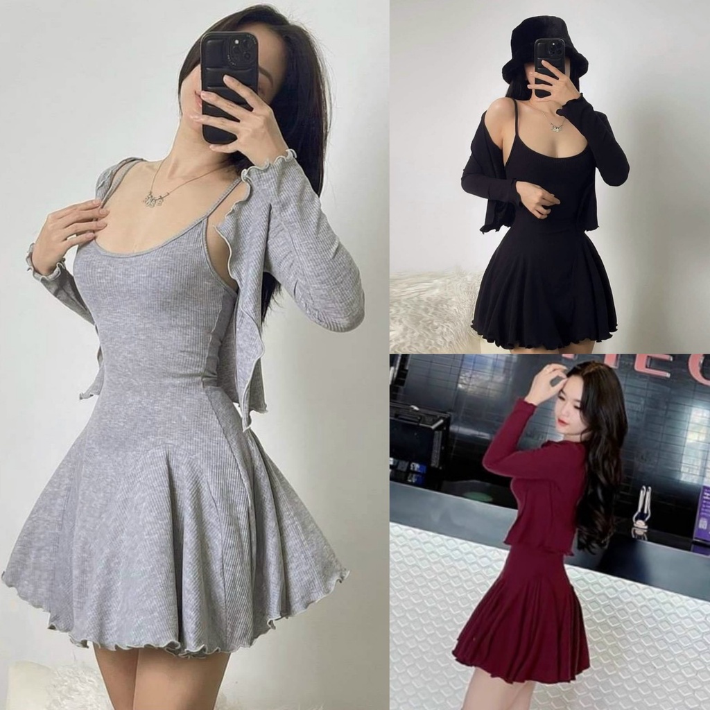 Set đầm hai dây xòe kèm áo khoát cardigan tay dài trẻ trung năng động chất thun gân