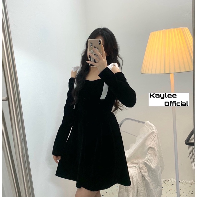 Váy Babydoll Nhung Buộc Nơ Trễ Vai Hàng QC ảnh thật cận chất Kaylee