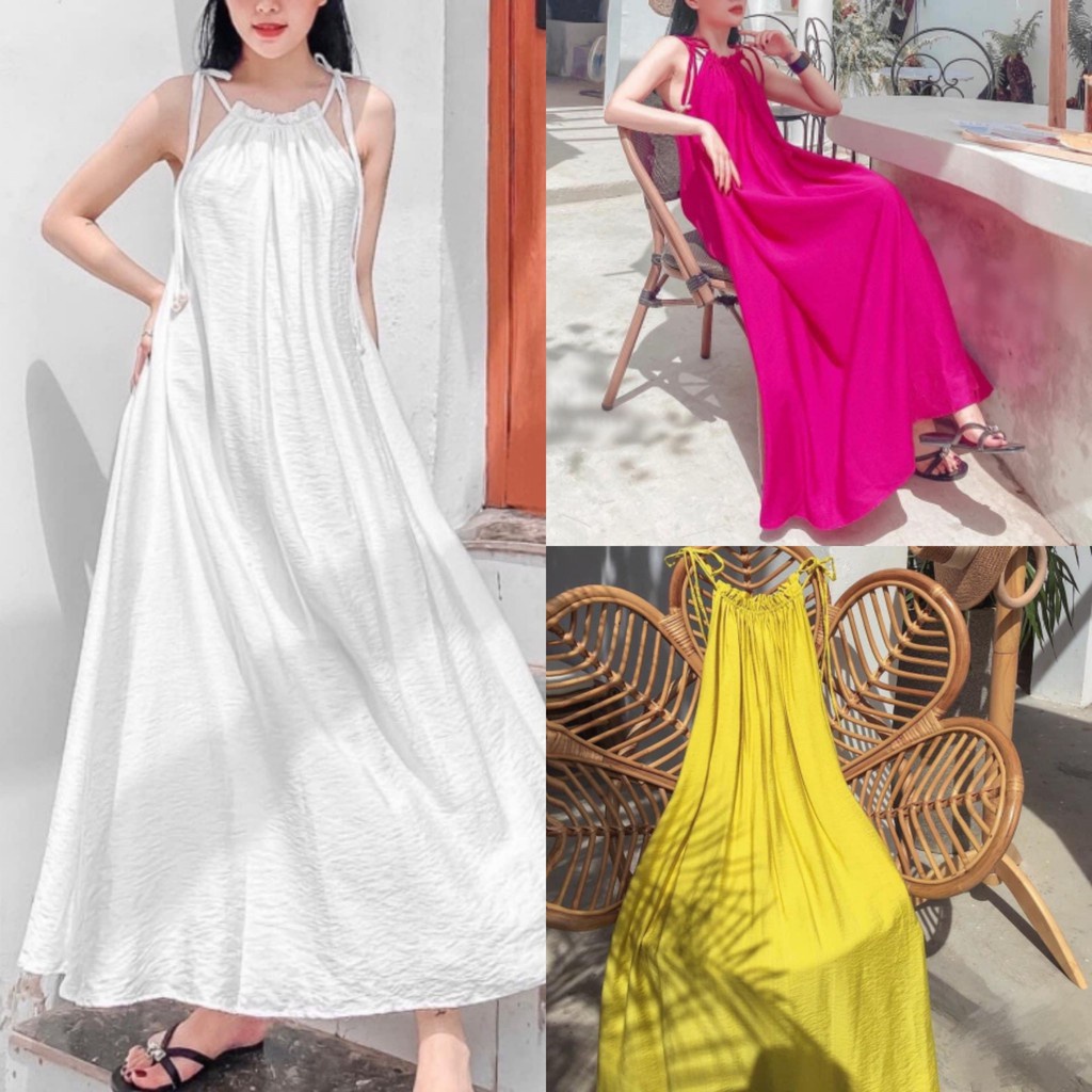 Đầm maxi xòe 2 dây cổ yếm buộc nơ form suông