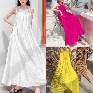 Đầm maxi xòe 2 dây cổ yếm buộc nơ form suông