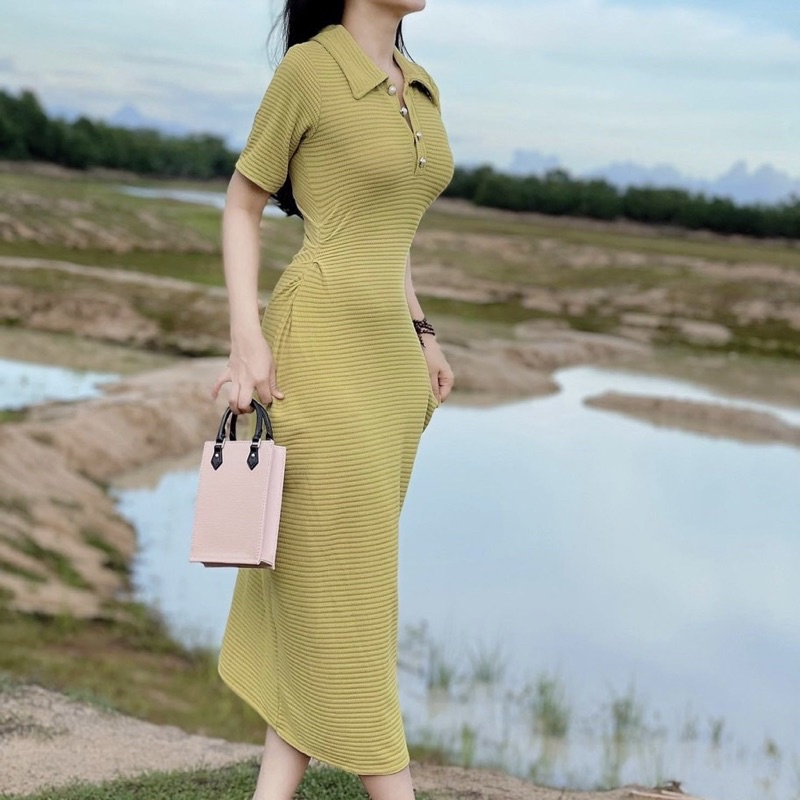 Váy Polo Body Nhún Hông Dáng Dài Len Xốp Màu Xanh Bơ