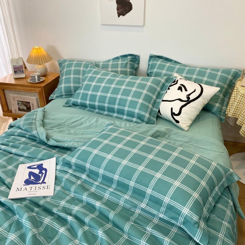 Bộ chăn ga gối đũi kẻ chăn trần hàng nhập khẩu(miễn phí bo chun theo size đệm)