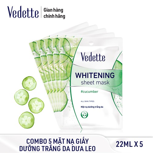 Combo 5 Mặt nạ trắng hồng tự nhiên Dưa leo Vedette Whitening Sheet Mask - Cucumber 22ml/gói