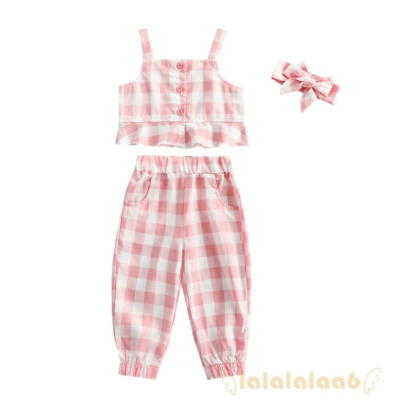 Set Đồ 3 Món Gồm Áo Cổ Thuyền Kẻ Sọc Caro Có Diềm Xếp Nếp + Quần Dài Và Túi Đeo Cho Bé Gái Sơ Sinh