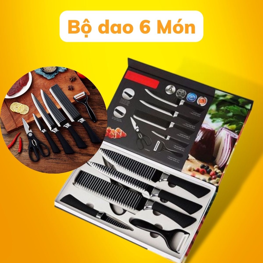 Bộ Dao Làm Bếp Cao Cấp 6 Món Lưỡi Dạng Gợn Sóng - Sắc Bén Không Gỉ Đa Năng Chuyên Lọc Thái Thịt Thái Rau Kho Sỉ Gia Dụng