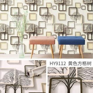 Giấy dán tường ô vuông vàng 3D có keo sẵn (1 cuộn 10m)