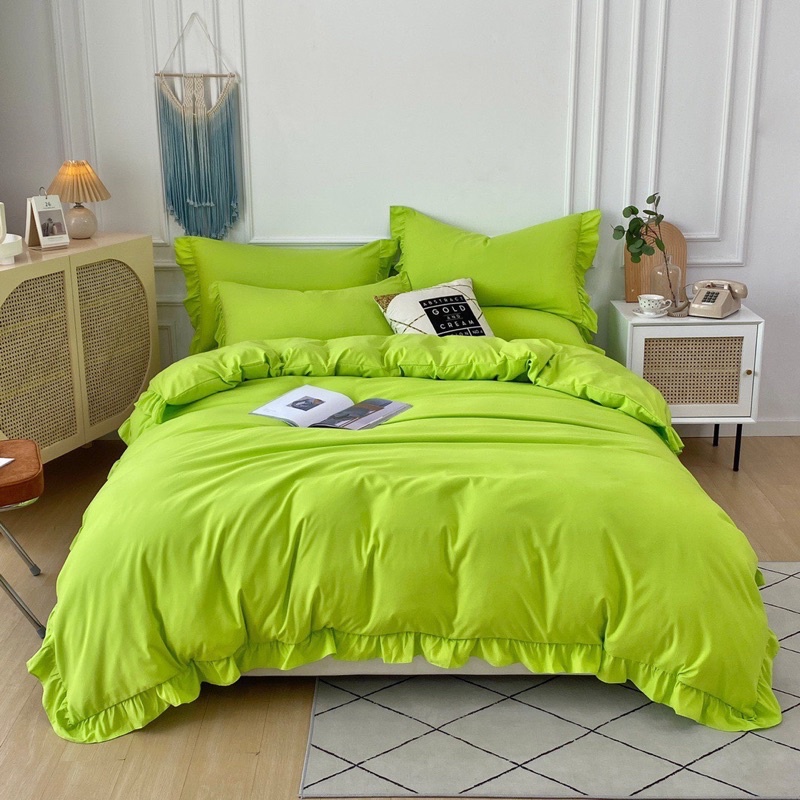 Bộ chăn ga gối viền bèo Cotton tici đáng yêu phong cách vintage Hàn quốc nhiều màu đủ size theo yêu cầu.