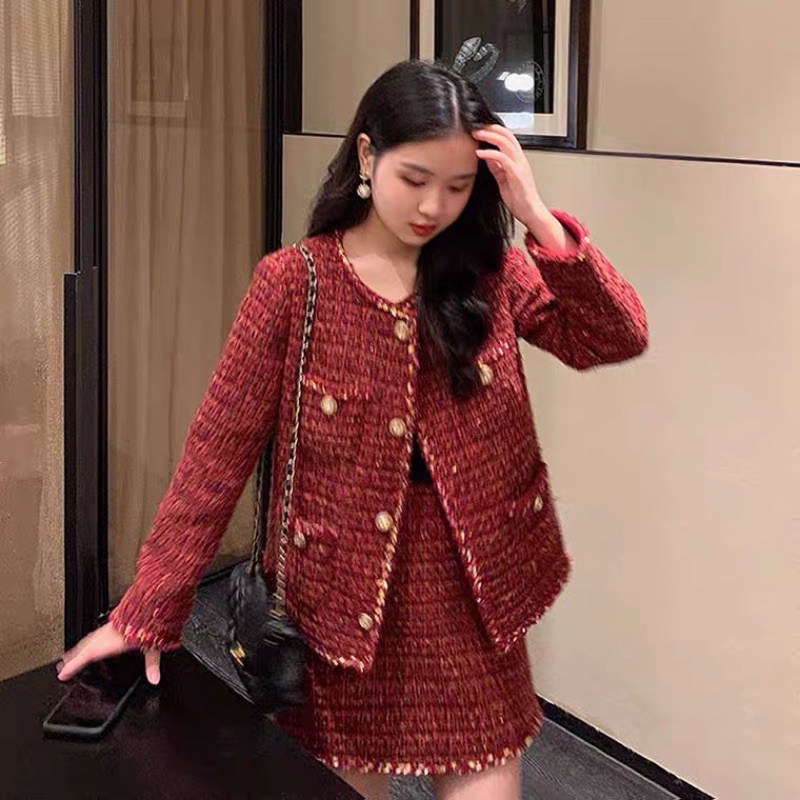 SET ÁO KHOÁC + CHÂN VÁY DẠ ĐỎ TIỂU THƯ XINH XẮN