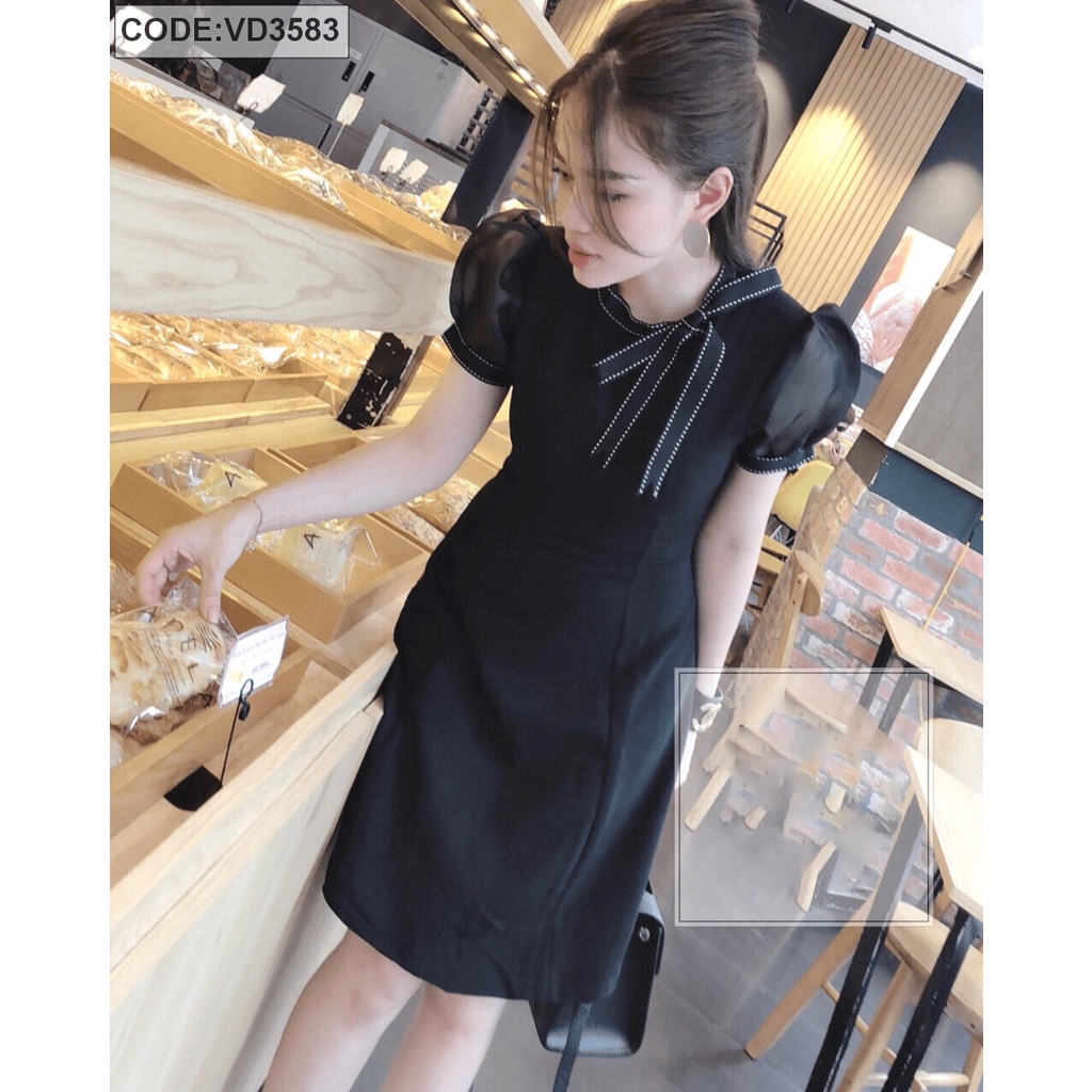 Đầm nữ tiểu thư xinh xắn dáng xòe dài đến gối tay ngắn phối cổ tròn cột nơ phù hợp dự tiệc party wedding hoặc dạo phố